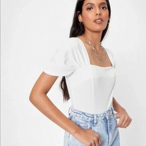 NWT Nasty Gal Square Enough Bodysuit Top Sz 10 White Puff Sleeve Seamed High Leg